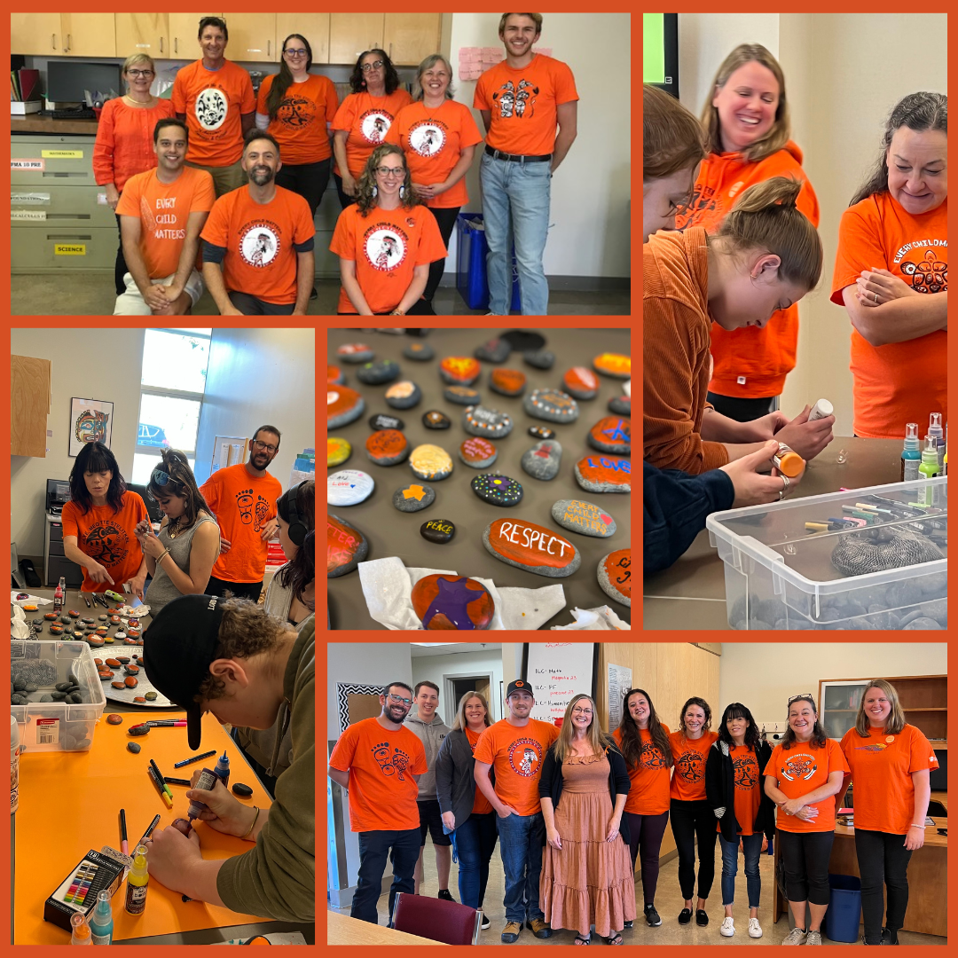 Staff and students on Orange Shirt Day, painting rocks