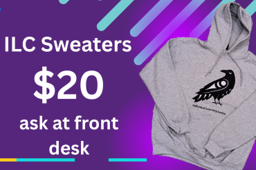 ILC Sweaters for sale, featuring our Raven design by Sara Jim, $20 each. See the front desk for purchases