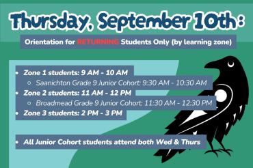 Thurs sept 10th. Orientation for RETURNING Students Only (by learning zone)  Zone 1 students: 9 AM - 10 AMSaanichton Grade 9 Junior Cohort: 9:30 AM - 10:30 AM  Zone 2 students: 11 AM - 12 PMBroadmead Grade 9 Junior Cohort: 11:30 AM - 12:30 PM  Zone 3 students: 2 PM - 3 PM  All Junior Cohort students attend both Wed & Thurs